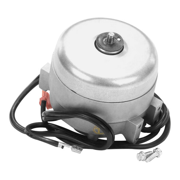 A silver Manitowoc Ice motor with black and white wires.