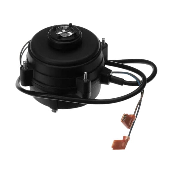 A black round Manitowoc Ice fan motor with wires and a wire harness.