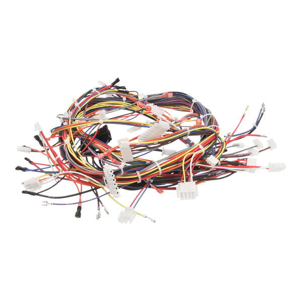 A white harness with a large number of colorful wires.