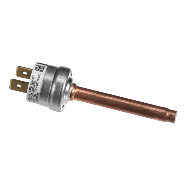 A close-up of a Manitowoc Ice copper pressure switch with a red and white wire.