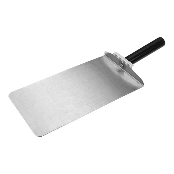 A metal oven paddle with a black handle.