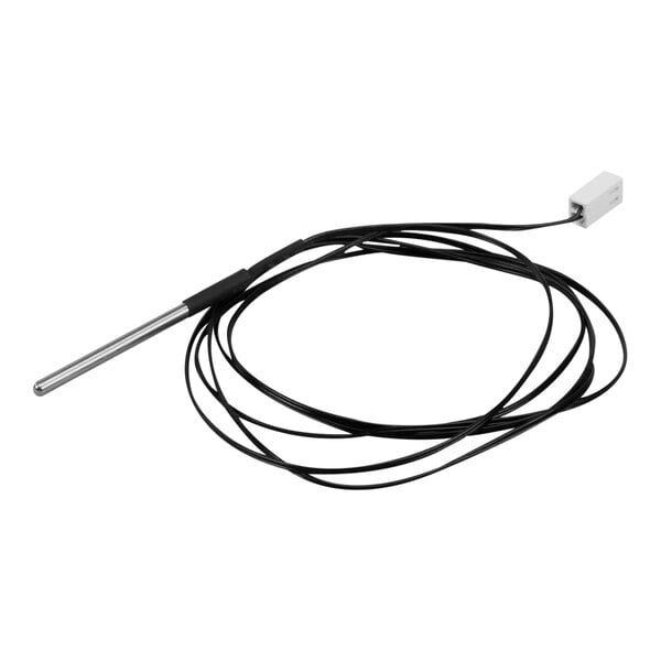 A black cable with a white square temperature transducer on it.