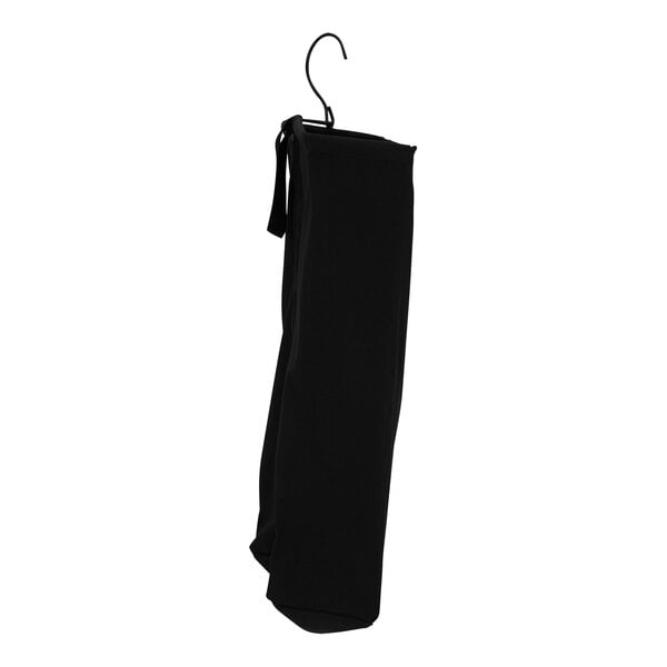 A black canvas laundry hamper bag hanging on a hook.