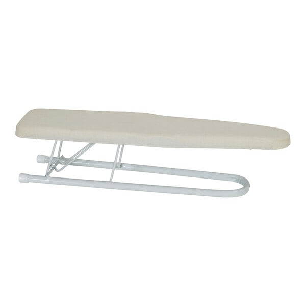 A white ironing board with a white cover.