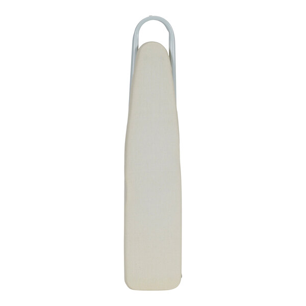 A white plastic tabletop ironing board with a handle.