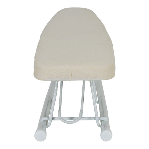 A white plastic tabletop ironing board with a natural cover.