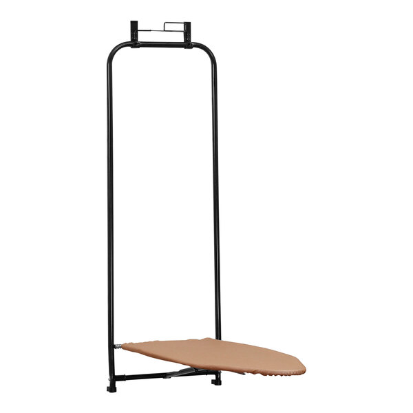 A black iron stand with a Household Essentials ironing board on top.