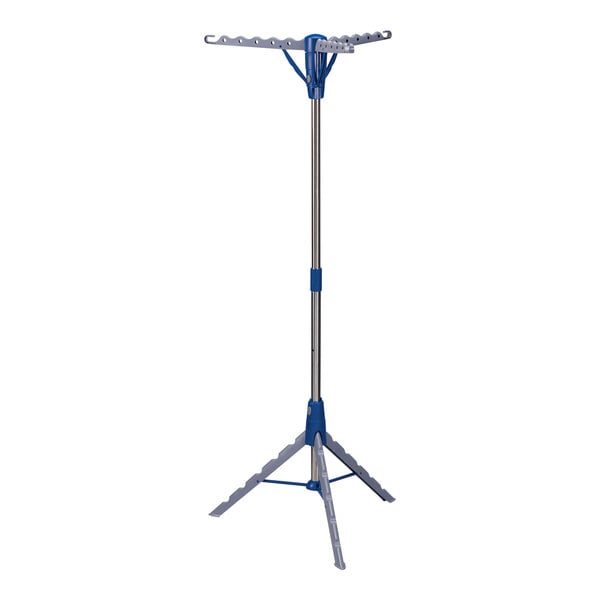 A silver and blue clothes rack with blue accents.