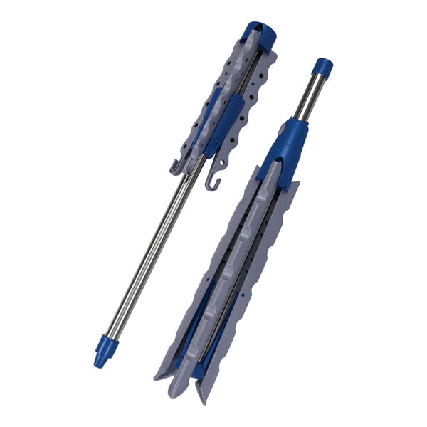 A close-up of a blue and silver tripod drying rack with a tool.