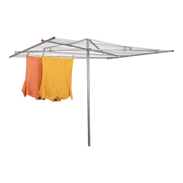 A Household Essentials outdoor parallel drying rack with orange and yellow clothes drying on it.