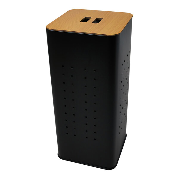 A black rectangular steel laundry hamper with a wooden lid