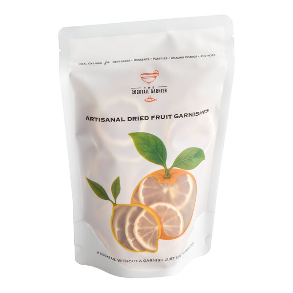 A resealable pouch of artisanal dried lemon slices for cocktail garnishes.