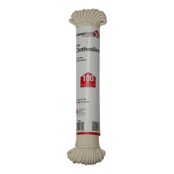 A white cylinder of Household Essentials cotton clothesline rope with a red label.