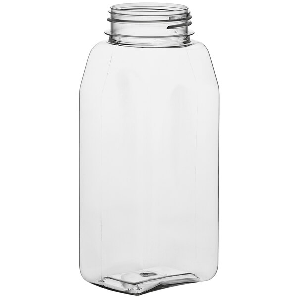 A clear plastic rectangular spice container with a black lid.