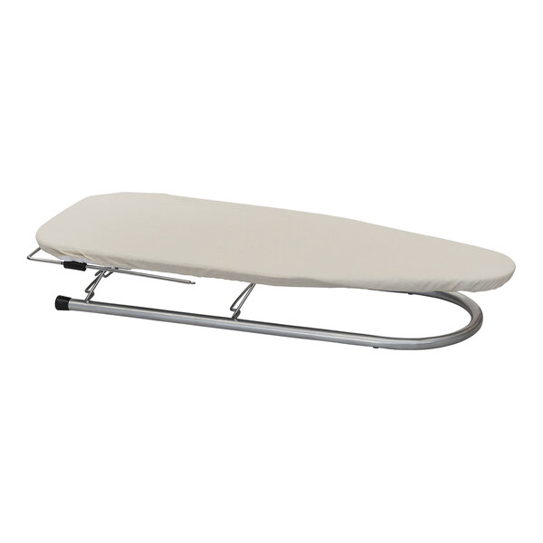 A Household Essentials Tabletop steel mesh ironing board with a white cover on a metal stand.