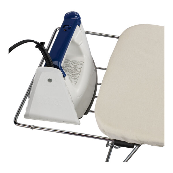A white steel mesh ironing board with a blue pad.