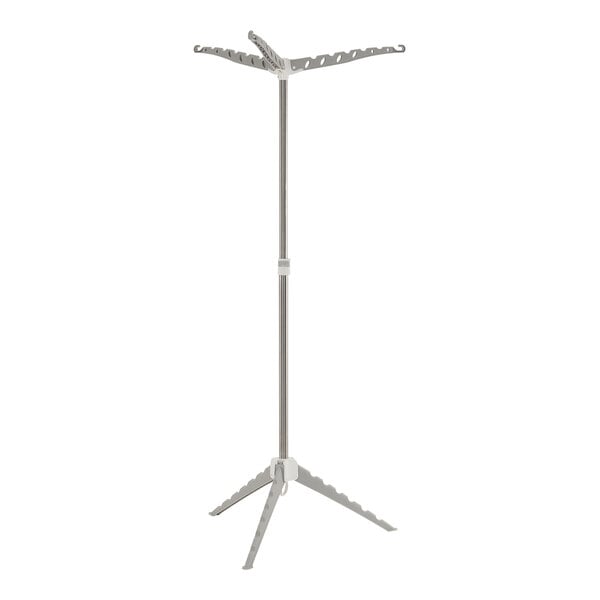 A white metal tripod drying rack with a white stand.