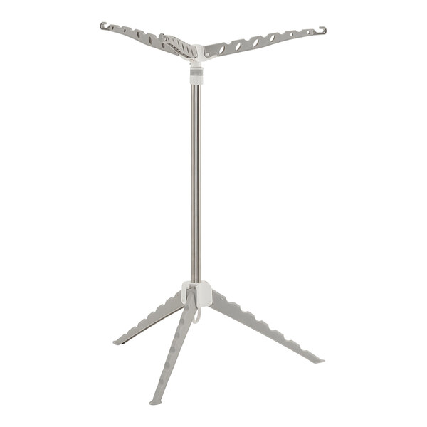 A white metal tripod drying rack with a metal pole.