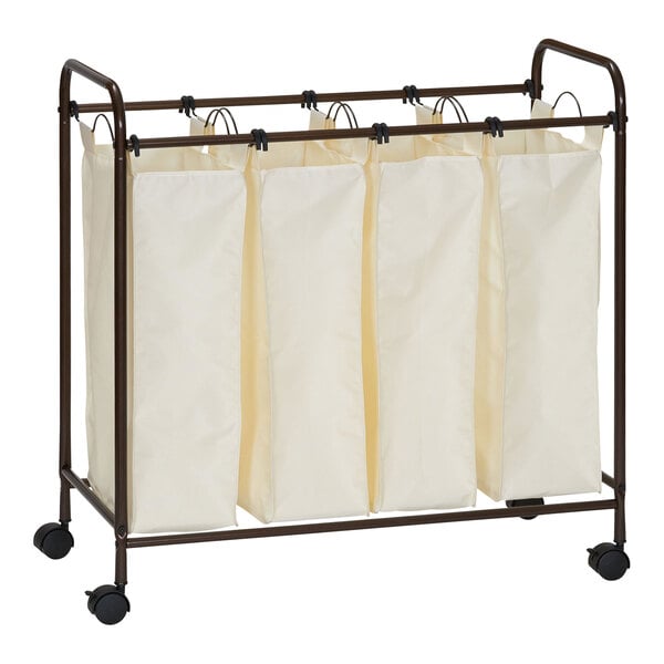 A metal cart with four white bags hanging from it.