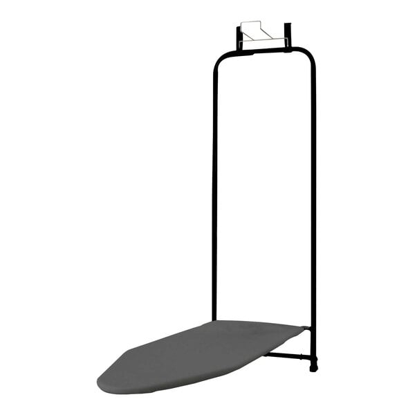 A Household Essentials over-the-door ironing board with a black cover on a rack.