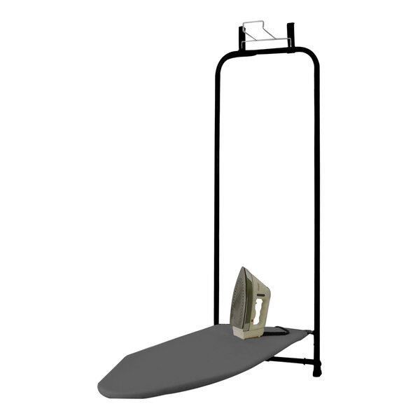 A grey Household Essentials over-the-door ironing board with a black cover and iron holder, with an iron on it.