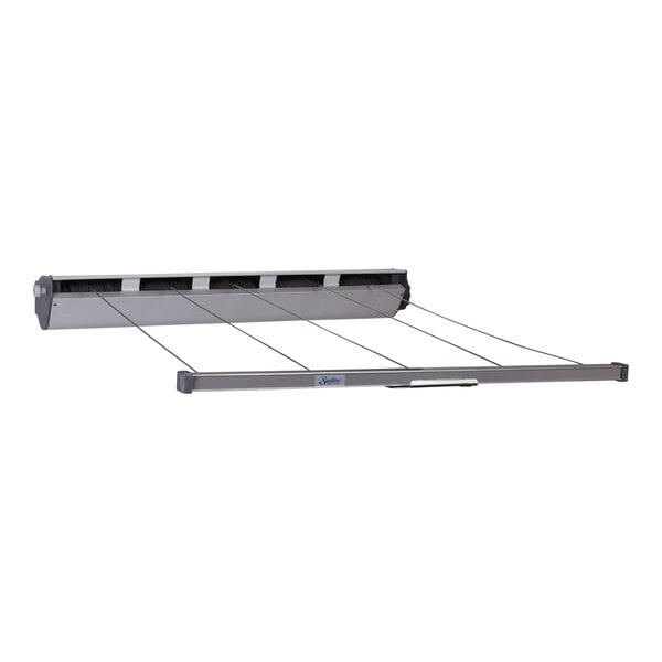A grey metal Household Essentials 5-line drying rack with a long wire attached to it.
