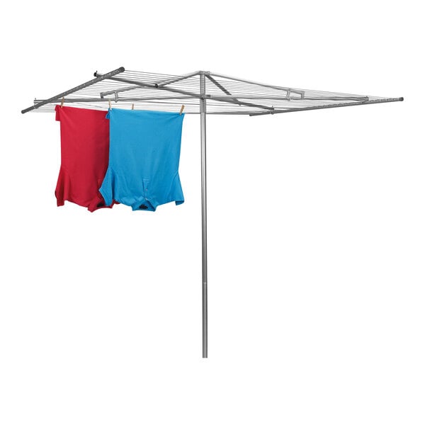 A Household Essentials steel outdoor clothes drying rack with clothes on the line.