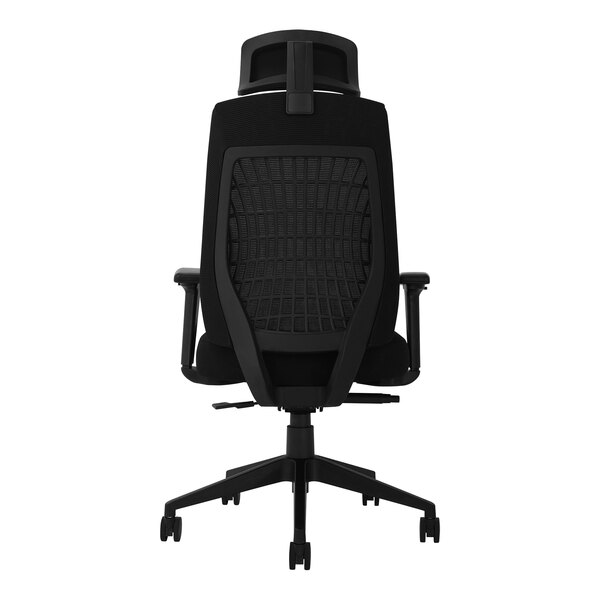 A back view of a Boss black mesh office chair with a black seat.