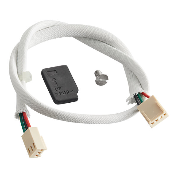 A black rectangular Anfim control unit with white text and a white cable with a black connector and a white plug.