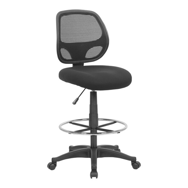 A black office stool with a black mesh seat.