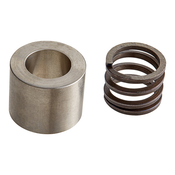 A metal spring and a metal cylinder next to a Mahlkonig Pressure Spring and Bushing.