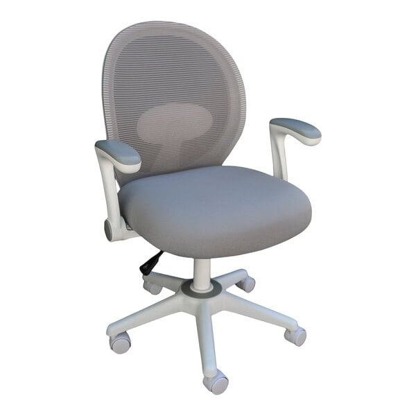 A grey office chair with a white base and arms.