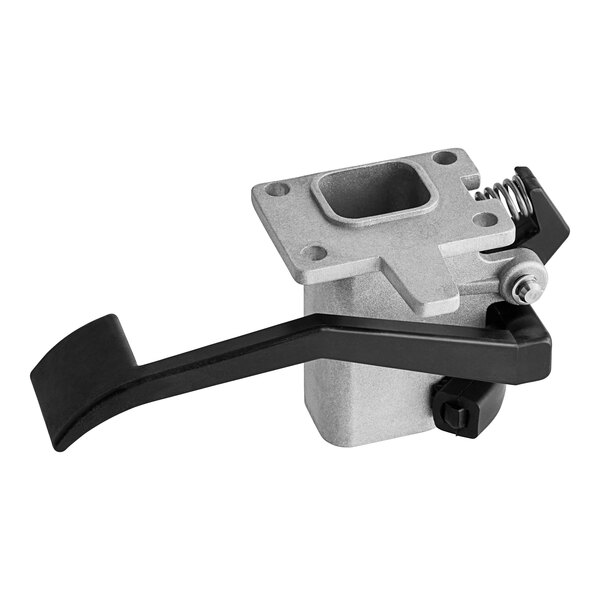 A silver metal Mahlkonig bag clamp with a black handle.