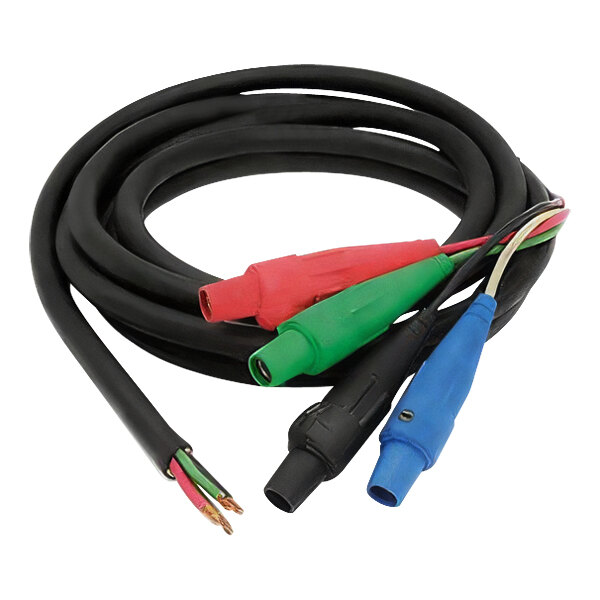 A Kwikool camlock cable set with black and green cables and red and blue wires.
