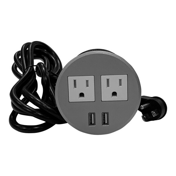 A Boss gray 5-port electrical grommet outlet with two cords.