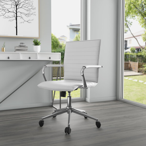 A Boss white vinyl hospitality task chair with chrome legs and wheels.