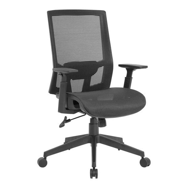 A Boss black mesh office chair with adjustable T-arms.