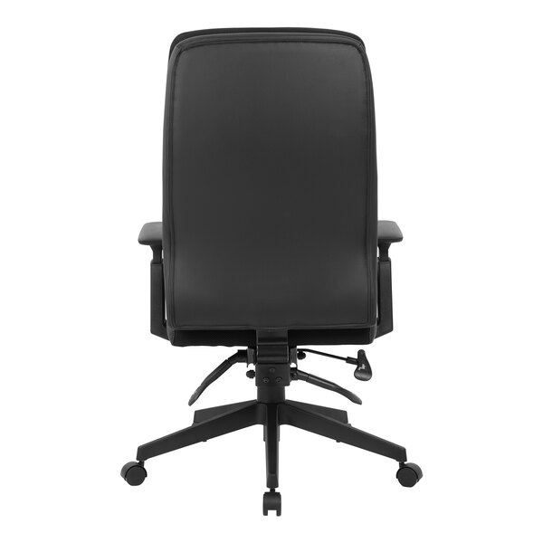 A Boss black office chair with wheels and adjustable arms.