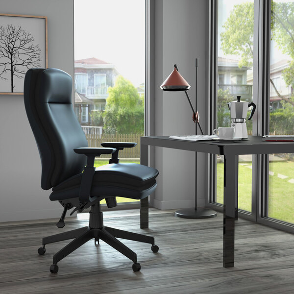 A Boss black ergonomic office chair with adjustable armrests.