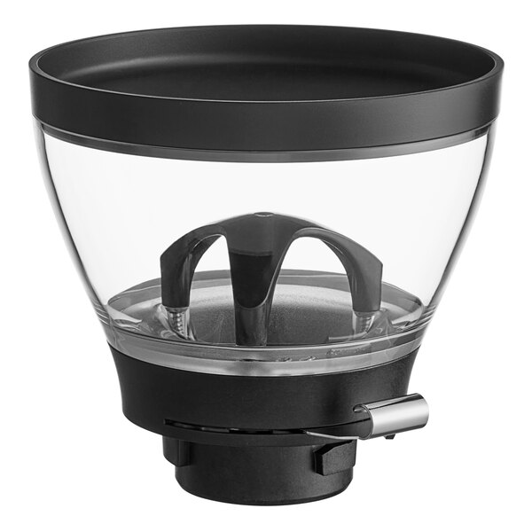 A clear glass and black bean hopper for Mahlkonig coffee grinders.