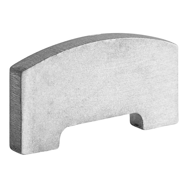 A silver metal Mahlkonig shear plate with a curved edge.
