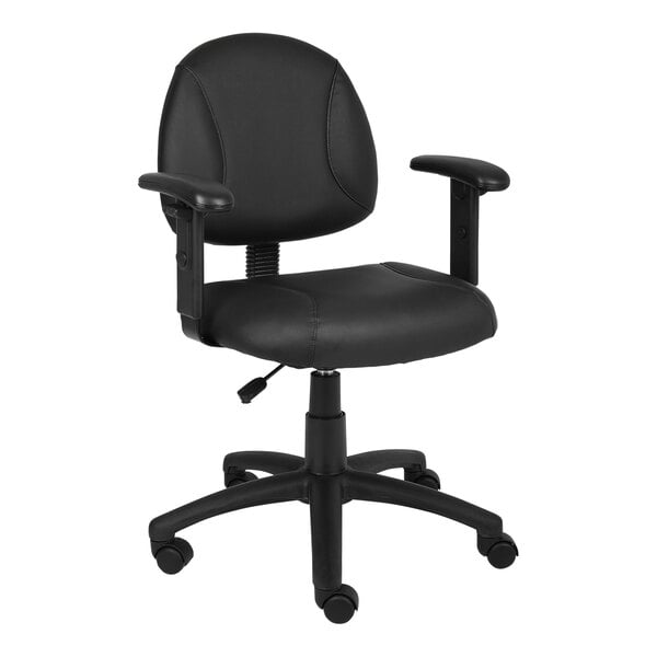 A Boss black leather mid-back office chair with adjustable arms.