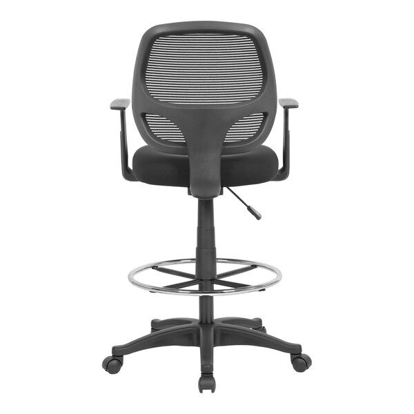 A Boss black drafting stool with a black mesh backrest.
