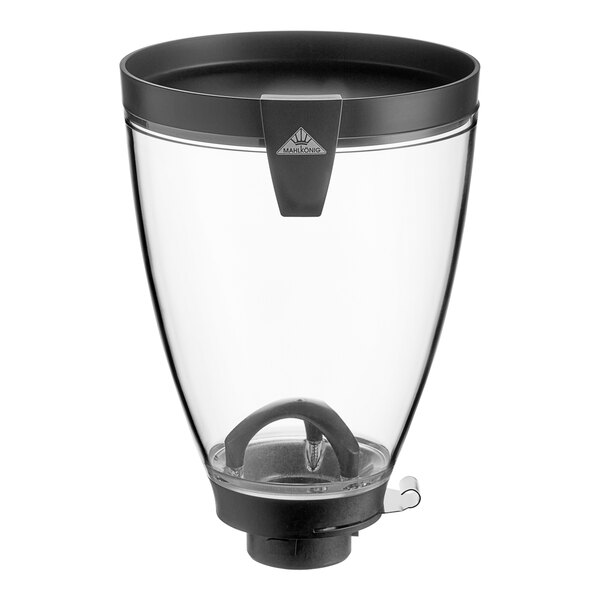 A clear container with a black lid for a Mahlkonig coffee bean grinder.