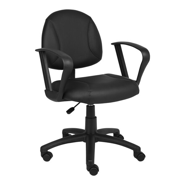 A Boss black leather mid-back office chair with arms and wheels.