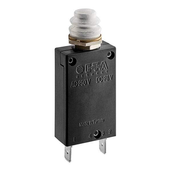 A black electronic circuit breaker with a white cap.