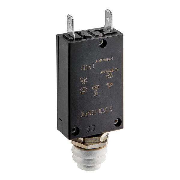 A close-up of a black rectangular Mahlkonig circuit breaker.