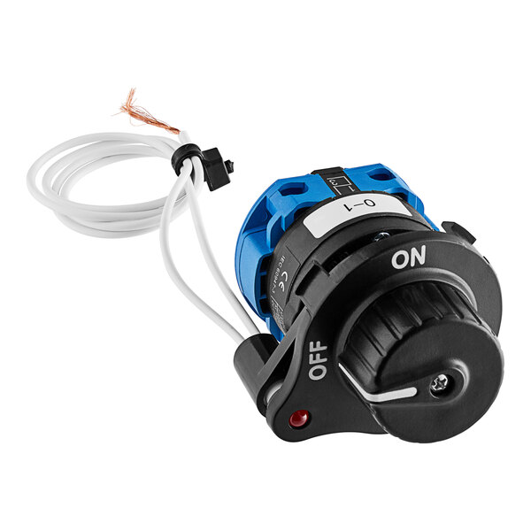 A black and blue HeyCafe Buddy On / Off Power Switch with white wires attached.