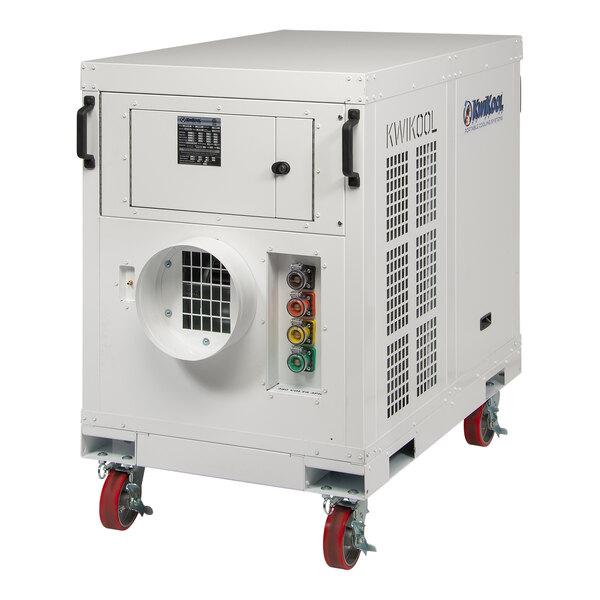 A white Kwikool portable air conditioner with red wheels.