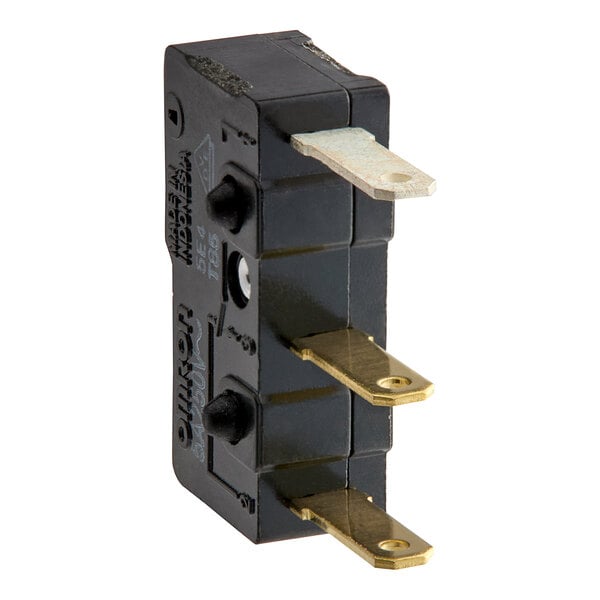 A close-up of a black and gold Mahlkonig On / Off Micro Switch.